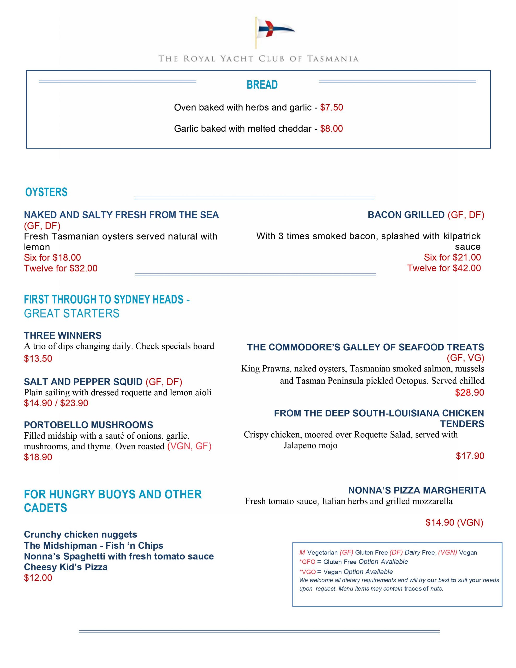 royal harwich yacht club menu